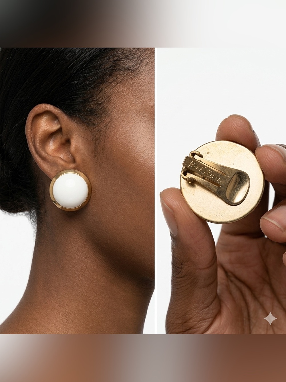 Vintage Richelieu White Dome Clip On Earrings Gold Tone Classic Mid-Century Mod
